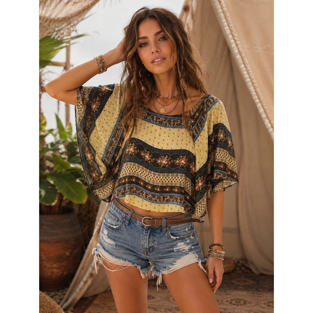 Y2K Boho Festival Blouse Size Small Floral Patchwork Wide Sleeve Fairycore Top